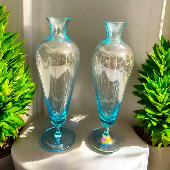 Pair of Vintage Mid-Century Modern
Light Blue Art Glass Vase Footed - Picture 1 of 10